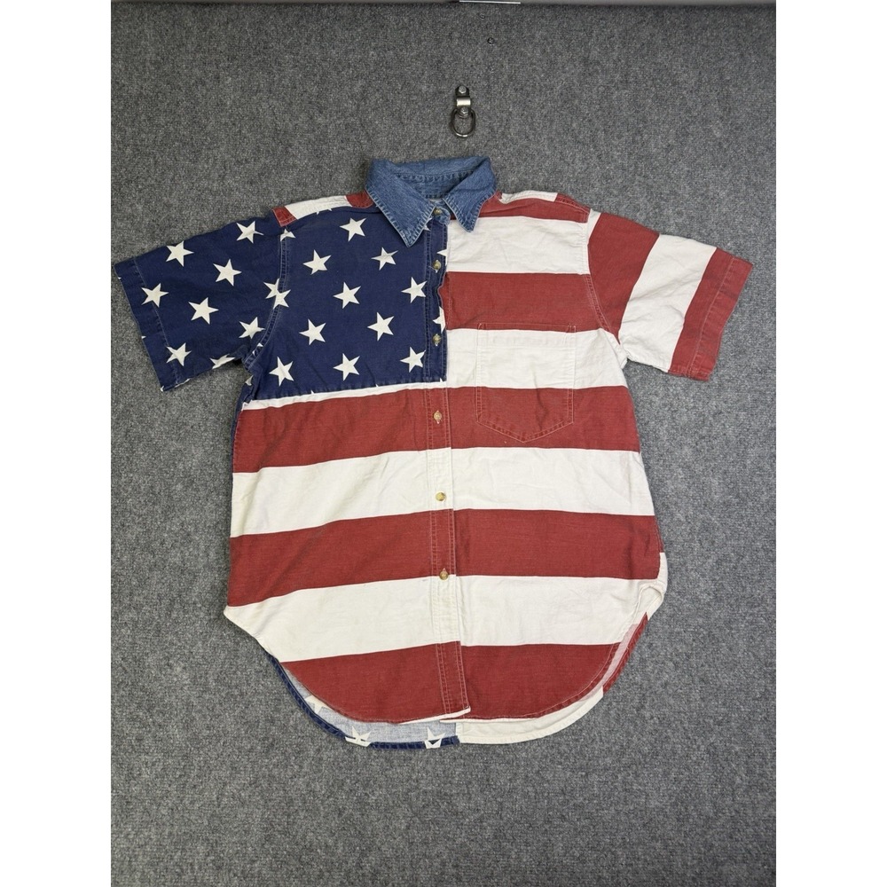 Vintage Y2K Quizz Again American Flag Short Sleeve Button Up Shirt Size Medium